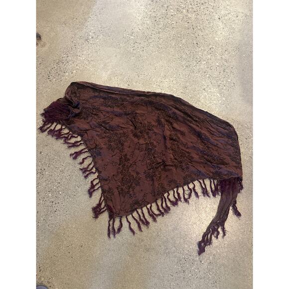 Women's Scarf Brown Metallic Rust Tassel Triangle Scarf Top Vintage Floral - Picture 2 of 2